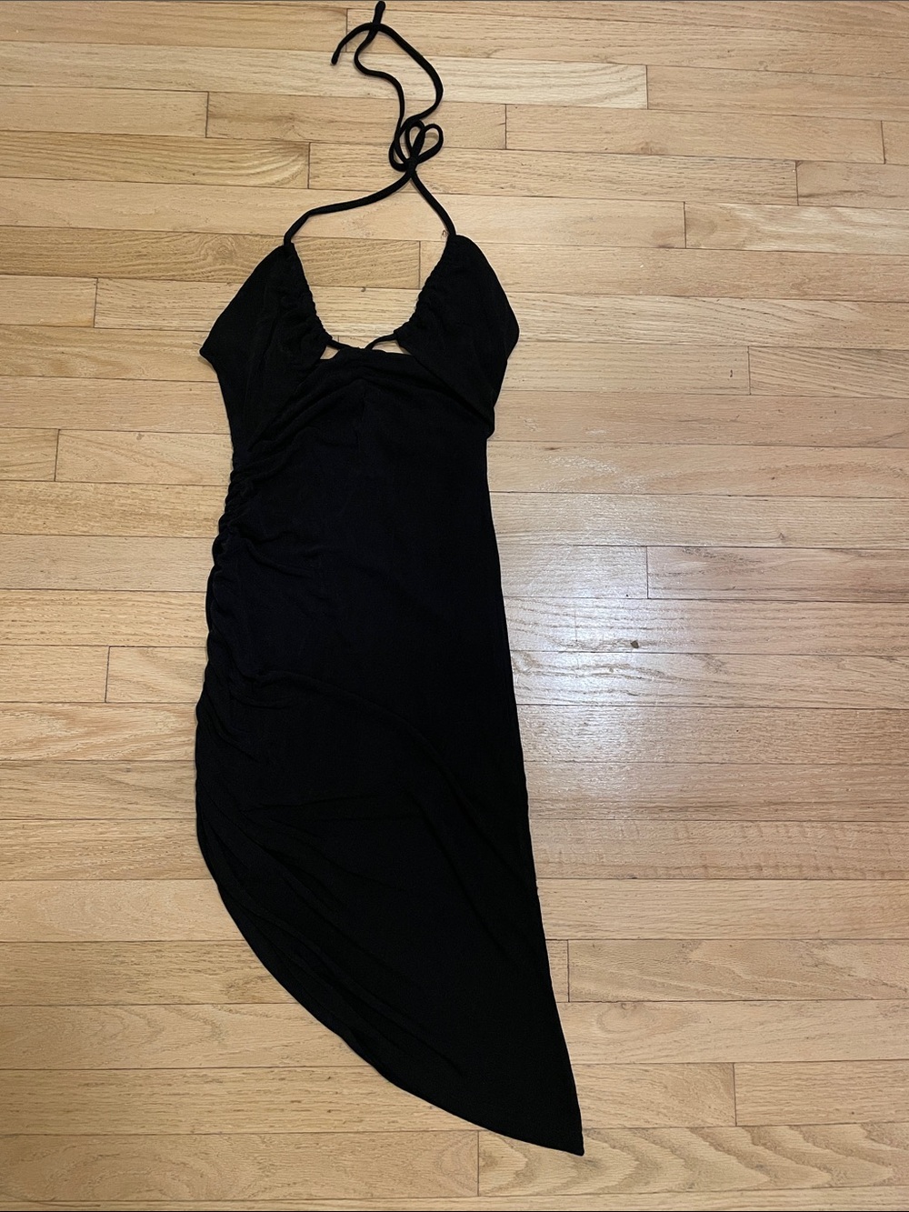 SNDYS. Stretchy Black Halter Asymmetric Length Slip Dress - Size 4
